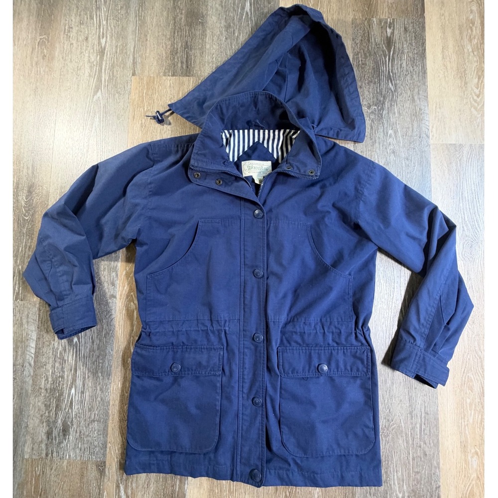 St. John's Bay Utility Jacket Women Small Navy Blue Hooded Striped Lining